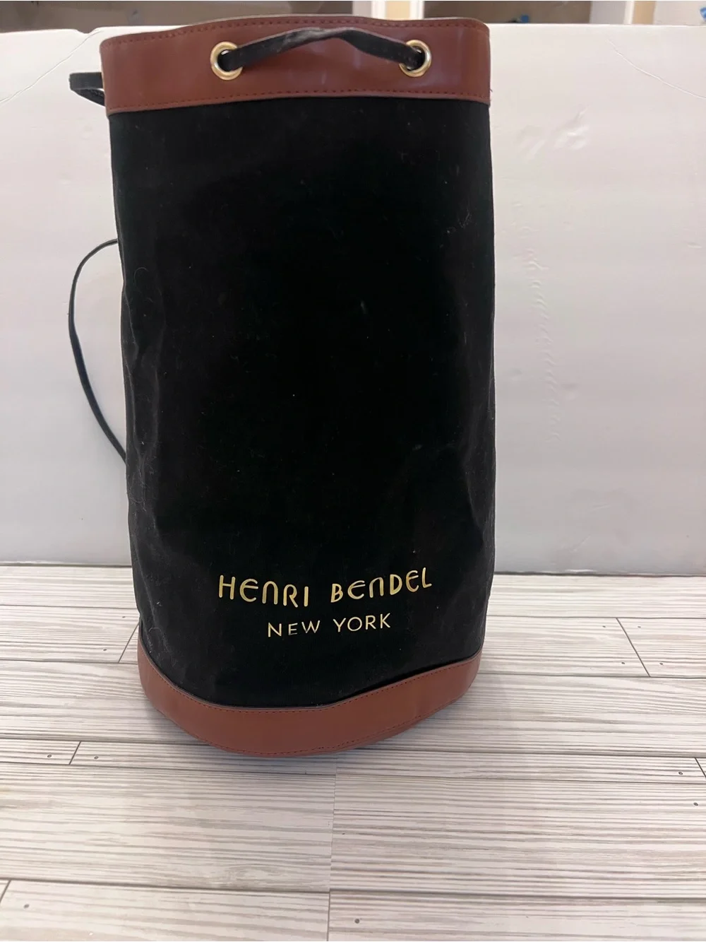 Henri Bendel Black Canvas & Brown Leather Drawstring Bag